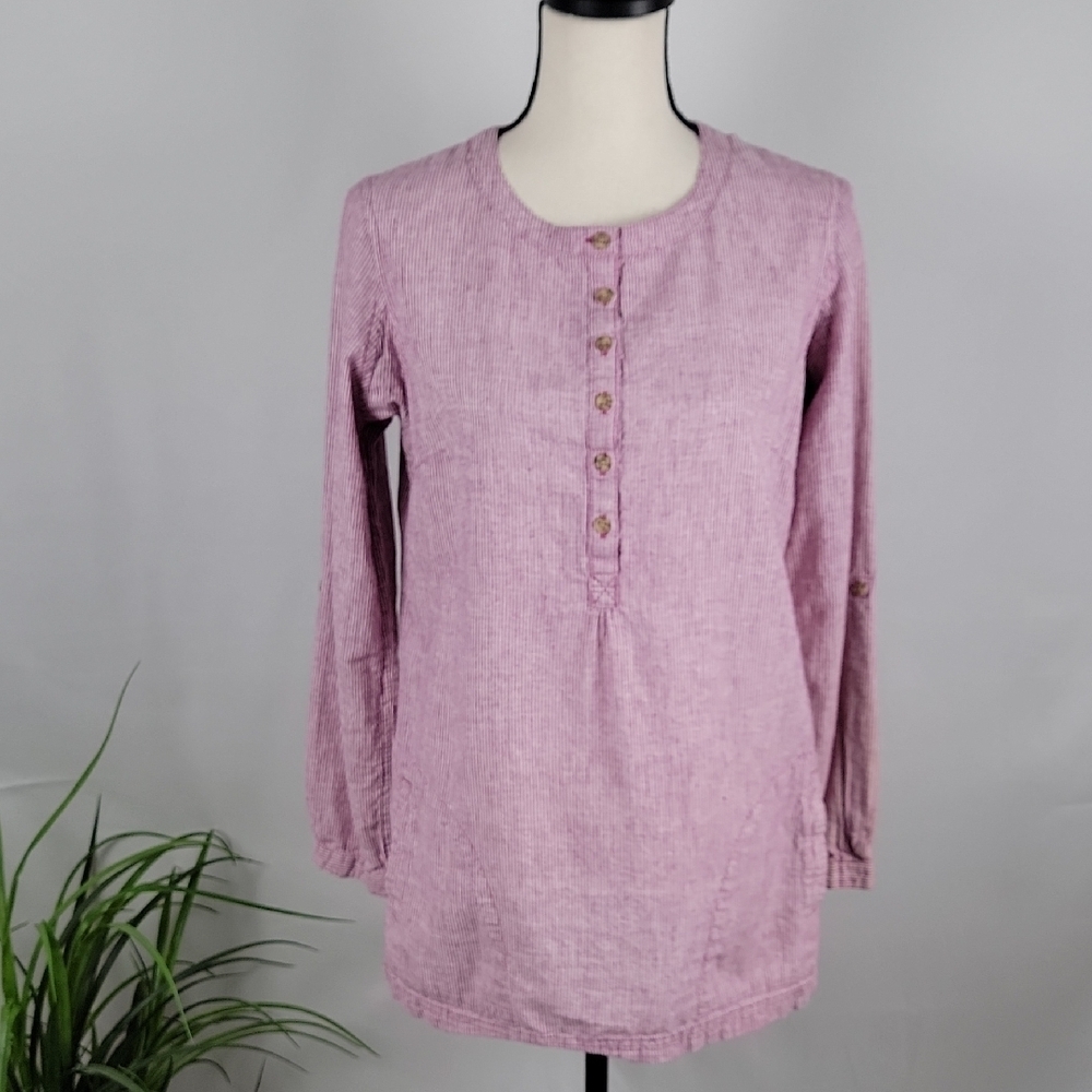 Duluth Trading Company Size S Pink Stripe Hemp Tunic Organic Pockets Shirt
